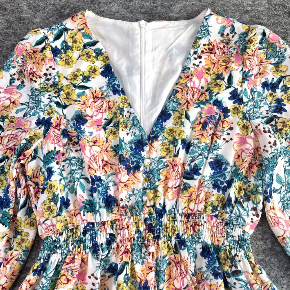 Taylor Floral V-Neck Smocked Dress Womens M Multicolor Boho Chiffon Cottagecore - Picture 4 of 12
